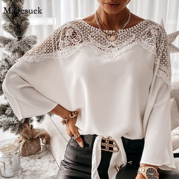 Nova Crochet Bordado Lace Blusas Mulheres Outono Sexy Lace Costura Branco Camisas Vintage Plus Size Ladies Tops Blusas 12459 210317