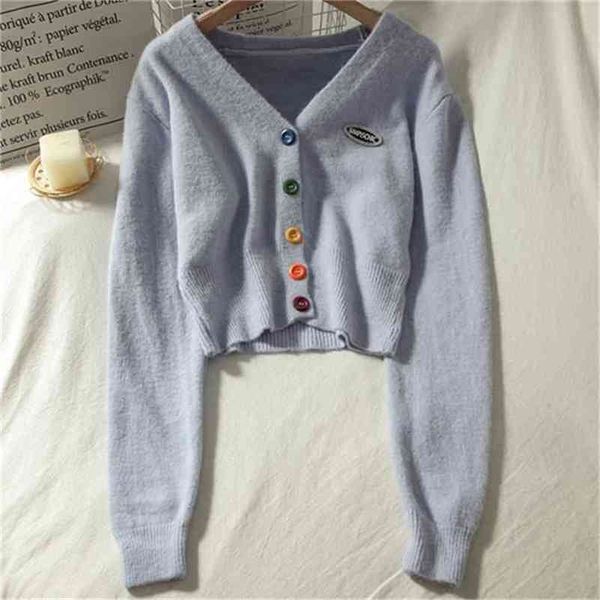 

women colorful chic button slim fit knitted cardigan autumn v-neck candy colors coat long sleeve simple warm sweater pl374 210506, White