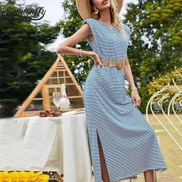 O-Hee повседневные вязаные полосатые платья лето женщины мода без рукавов пляж стиль сплит длинное платье без пояса 210510