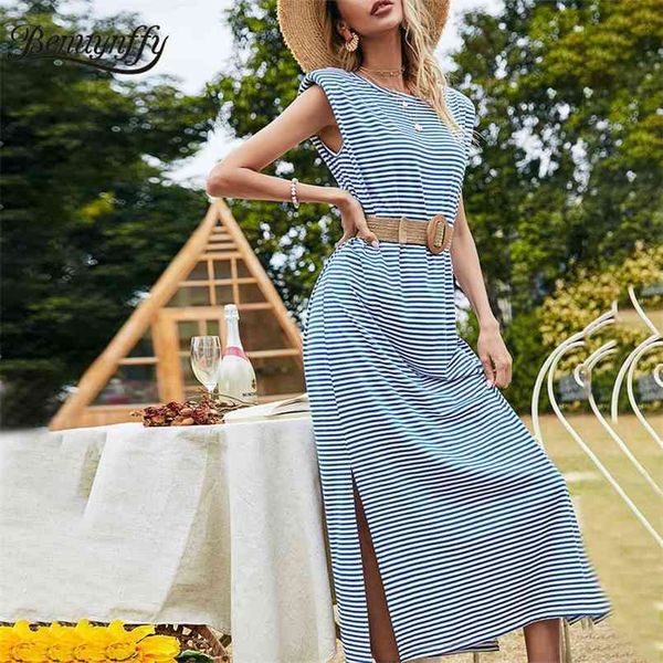 

o-neck casual knit striped dresses summer women fashion sleeveless beach style split long dress without belt 210510, Black;gray
