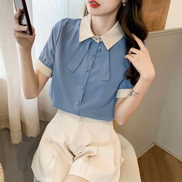 

women's polos women and blouse sweet short sleeve collar chiffon blusas mujer de moda 2021 elegant summer fashion blouses, White
