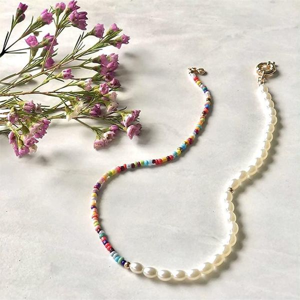 

chains 2021 bohemian multi-color glass beads freshwater pearl necklace for women girls fashion female choker jewelry drop, Silver
