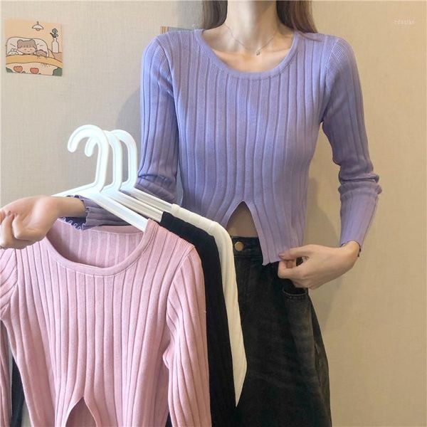 

women's sweaters real s slim fit foreign style machine slit hole strip show thin short long sleeve knitted navel top, White;black