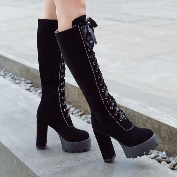 

boots us4-11 women pointed toe thigh high knee platform lace up shoes slim fit block super heel plus size 3color riding, Black