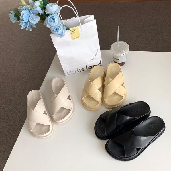 

slippers boussac elegant cross-tied chunky heel platform outdoor women 2021 open toe summe beach solid slides sandals, Black
