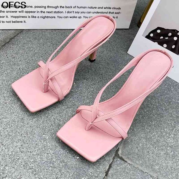 

sandals 2021 summer slippers square head open toe women high heels slides females clip-on strappy shoes for female white q5vz, Black