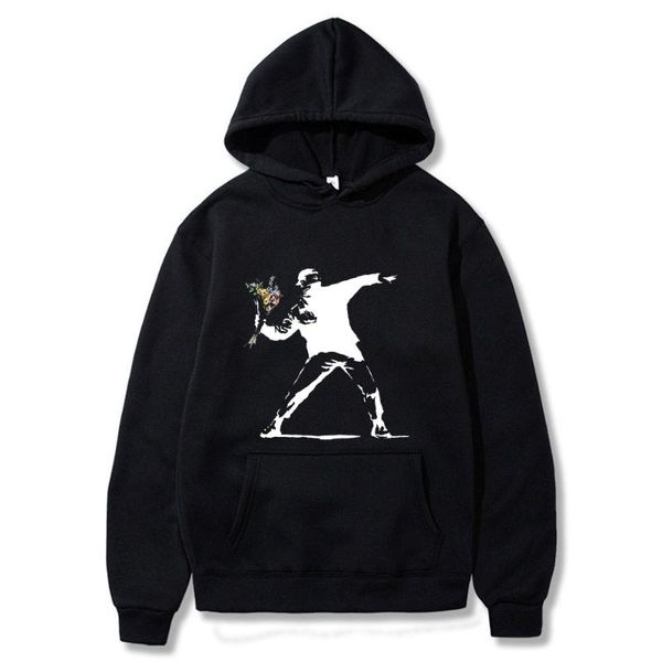 

men's hoodies & sweatshirts funny men flower thrower banksy panda guns urban art women sweatshirt hipster harajuku retro hooded hoody, Black