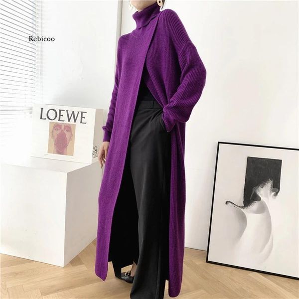 

autumn split knitted women's long sweaters sleeve turtleneck female sweater solid streetwear casual loose lady clothes, White;black