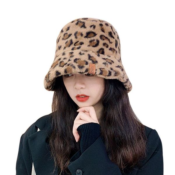 

wide brim hats sweet and lovely ladies fisherman hat autumn winter korea japan bucket warm retro leopard print plush, Blue;gray