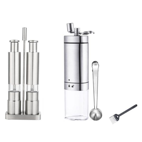 

pcs manual stainless steel salt pepper mills grinder with base & 1set coffee operated grind machine grinders