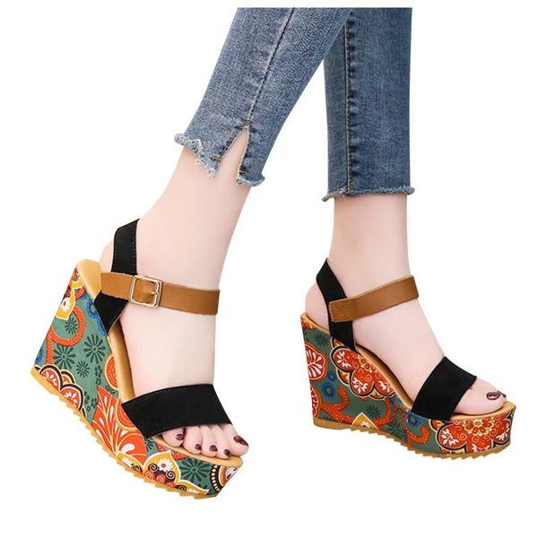 

summer women sandals vintage wedges shoes woman platform high heels ladies buckle strap sandalias mujer, Black
