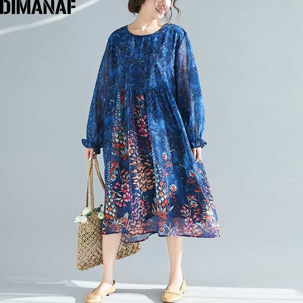 

plus size women chiffon dress print floral sundress blue female vestidos elegant lady beach long sleeve loose 210531, Black;gray