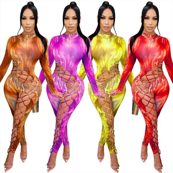 

bandange club bodysuit womens rompers hollow out tie dye printed long sleeve party wear onesies fall clothes, Black;white