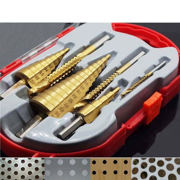 

6pcs hss steel titanium step drill bit set 4-12/20/32mm metal hole cutter wood cone core drilling hole saw tool+368 saw drill