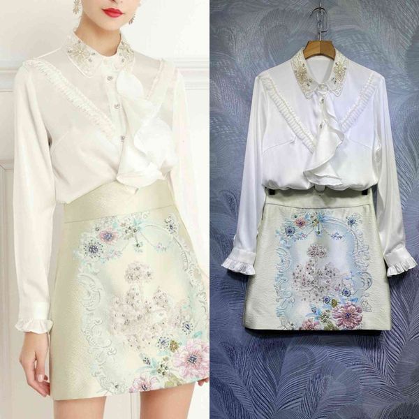 

two piece dress australia spring temperament lapel ruffled beaded shirt + half skirt suit 08pe, White