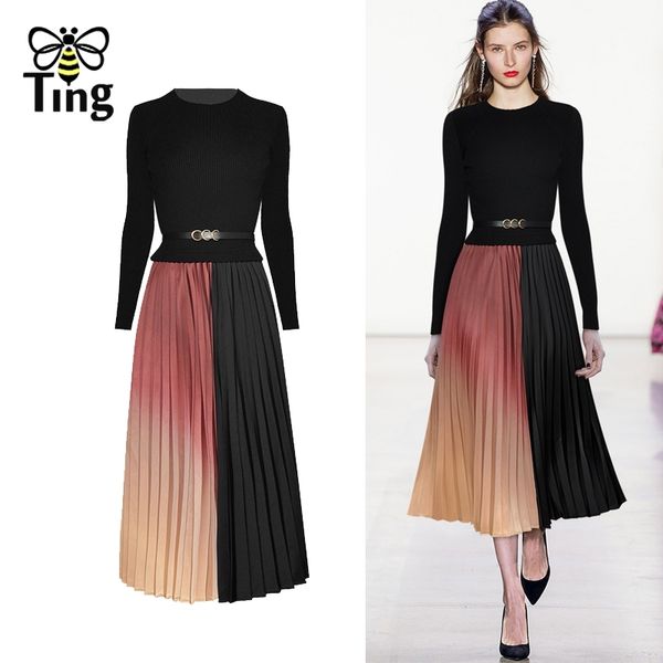 

runway fashion knitting patchwork pleated dress vintage elegant spring autumn office work casual streetwear za 210513, Black;gray