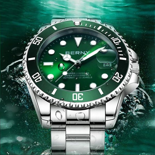 

wristwatches luxury men's watches super luminous nh35 dial mechanical 20atm sapphire automatic diver watch for men reloj hombre, Slivery;brown