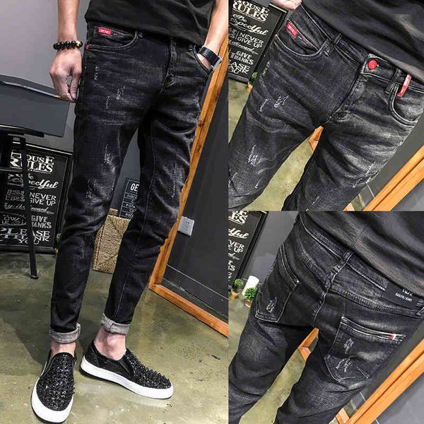 

men's jeans wholesale spring autumn denim jeans men hip hop slim korean thin black long pants ripped hole casual feet trousers hom, Blue