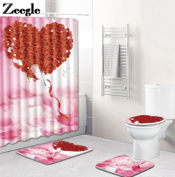 

flannel bath mat and rose heart printing shower curtain set bathroom carpet rug u-shaped non-slip foot for toilet mats