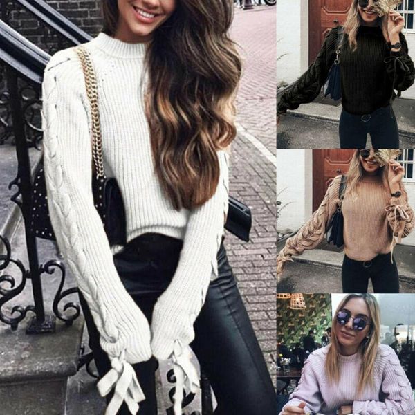 

women's sweaters fashion women crew neck pullover long sleeve knitted jumper loose warm winter lace up sweater shirt casual outwear to, White;black