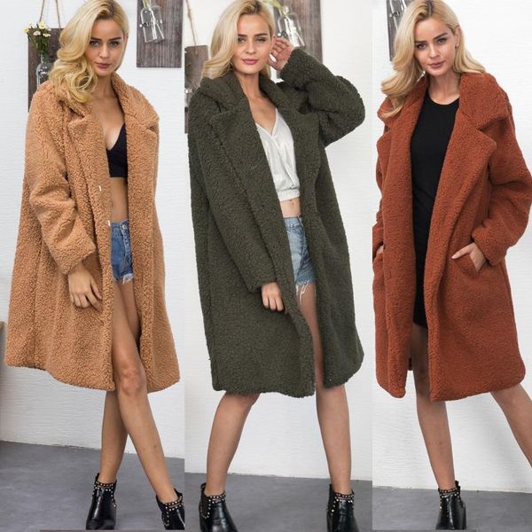 

women's fur & faux winter arrival women warm coat wool blends long sleeve outerwear plush cardigans overcoats femme coats fashion stree, Black