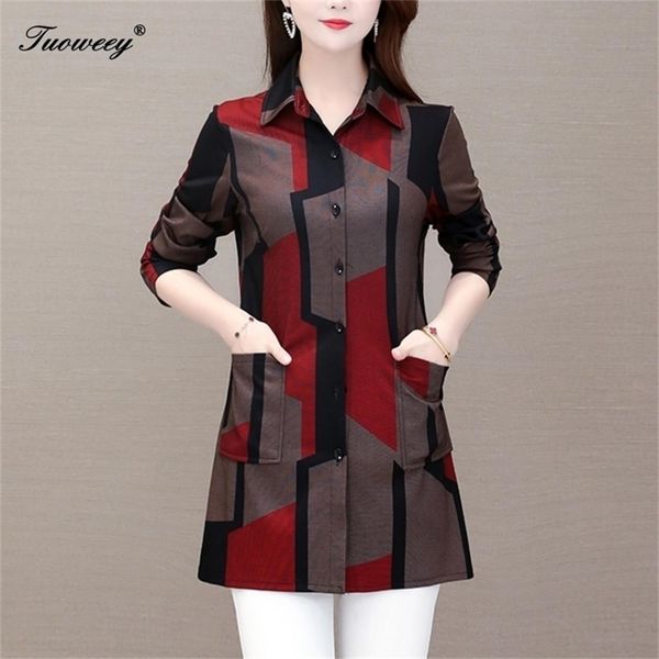 Frühlingsgerstenkorn Dicke Damenhemden Rot Plus Größe 5XL O Hals Geometrie Elegante Blusas Frauen Bluse Mode Neue Mutter Tops 210323