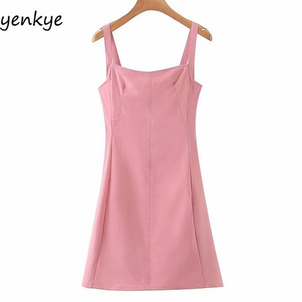 

vintage pink spaghetti strap dress women square neck sleeveless a-line slim chiffon summer mini short vestido 210514, Black;gray