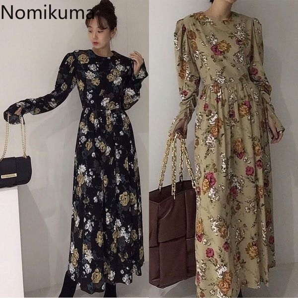 Nomikuma flor padrão vintage vestido mulheres o pescoço manga comprida uma linha vestidos cintura magro elegante vestidos femme 3e142 210514