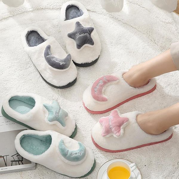 

slippers and moon female warm fur slides cotton home flip flops indoor plush house floor shoes flat 2021 women winter cute star, Black