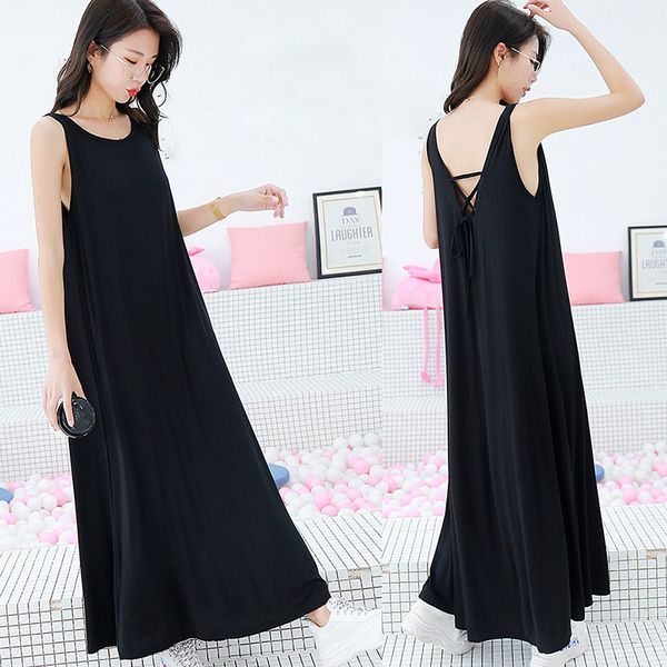 

modal sleeveless dress women loose casual tank female home floor-length es high waist chic elegant es 210514, Black;gray