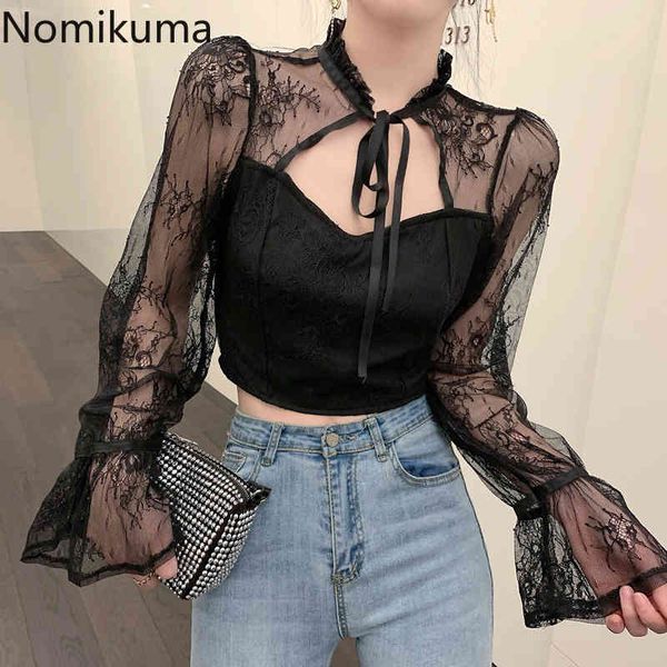 

nomikuma korean perspective patchwork lace shirt korean bow tie stand neck flare long sleeve blouse spring new blusas 6d730 210427, White