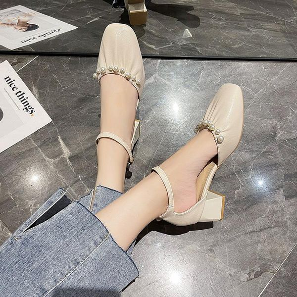 

sandals 2021 clear heels female shoe square toe buckle strap med girls fashion block closed summer beige pearl comfort high, Black