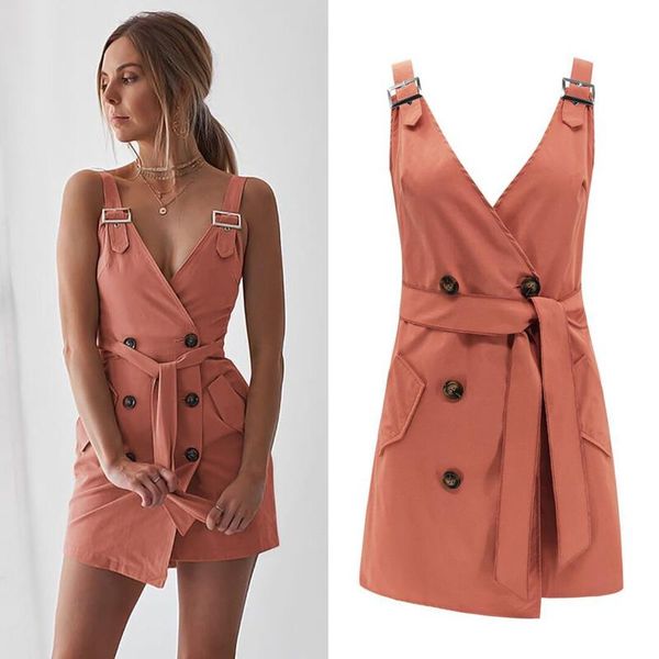 

casual dresses women's solid mini dress 2021 autumn fashion lace up suspender vestidso cross deep v neck with button & sash, Black;gray