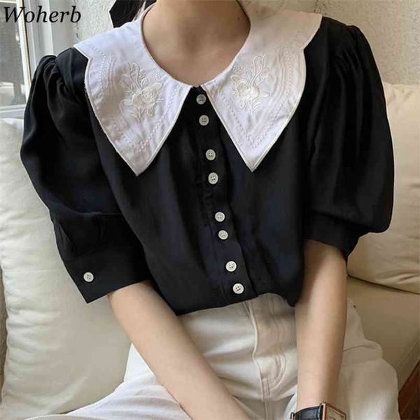 

women blouse embroidery chic peter pan collar puff sleeve summer sweet blusas mujer loose elegant shirts 4i378 210519, White