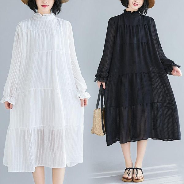 

casual dresses plus size ruffle collar spring summer dress women 2021 flare long sleeve trumpet white black loose vestido, Black;gray