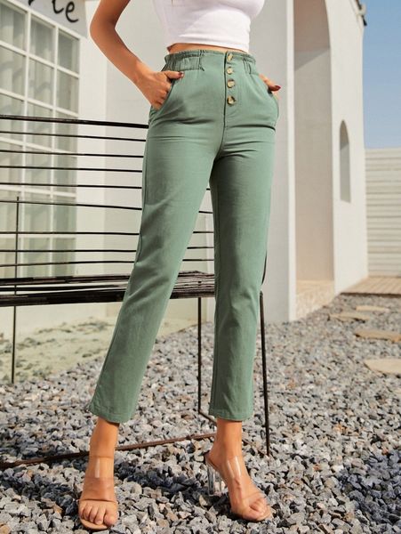 

sbetro paperbag waist button fly solid pants d7sq#, Black;white