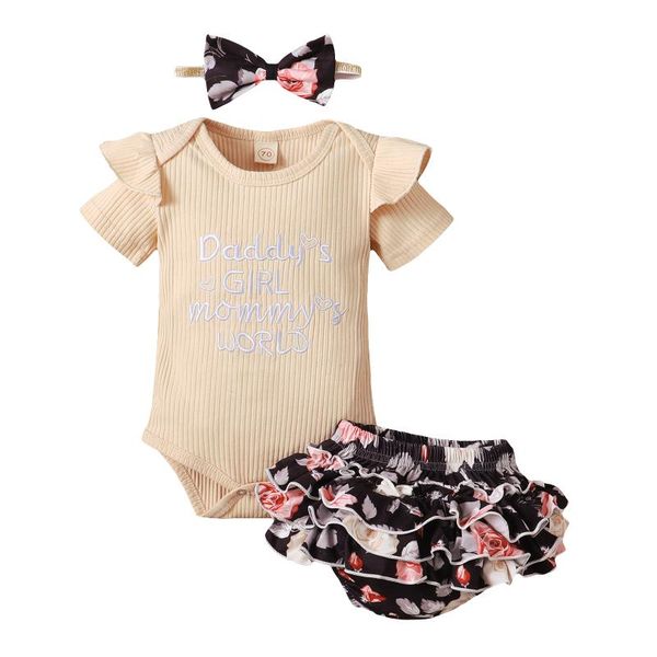 

jumpsuits 3pcs baby girls clothes outfits ribbed letter pattern sleeve round neck romper floral ruffled shorts bowknot headband summer, Blue