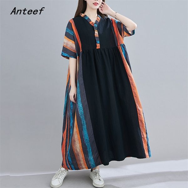 

cotton linen oversize plus size vintage stripe for women casual loose long summer dress elegant clothes ladies dresses 210517, Black;gray