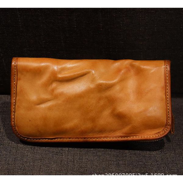 

purse handmade old wallet leather men's long vegetable tanned wipe color multi card position handbag mobile phone bag, White