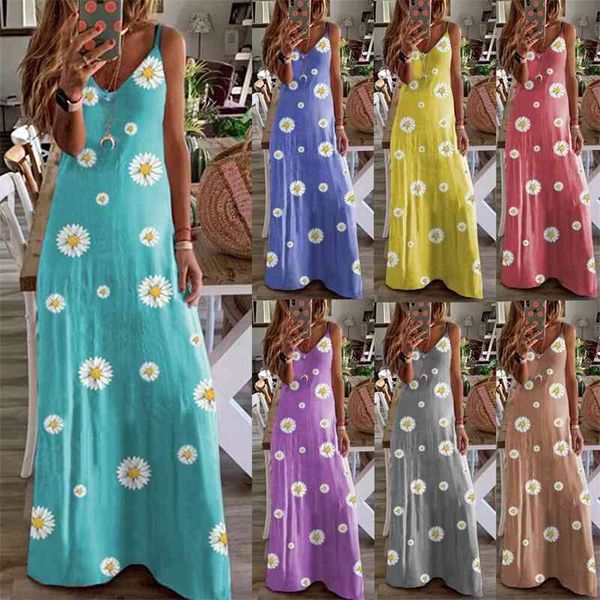 

9591#2021 summer women's small daisy print slim suspender dress, Black;gray