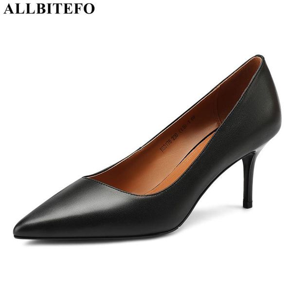 

dress shoes allbitefo genuine leather brand heels office ladies women heel party size:33-42, Black