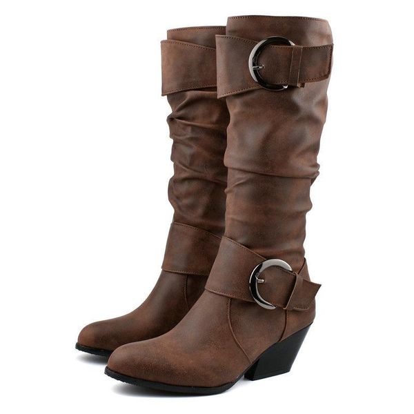 

boots large size 34-46 women knee high buckle with zip retro women's motorcycle thick fur warm winter snow botas mujer, Black
