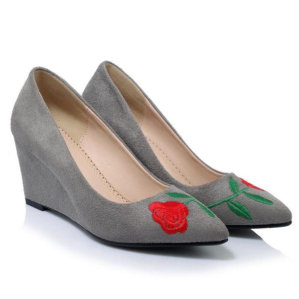 

big size 32-42 spring & autumn fashion women solid sweet embroider flower pointed toe wedge pumps 3 colors dress shoes, Black