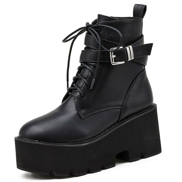 

boots gigifox cool cute gothic buckle halloween cosplay jungle combat chunky heels platform motorcycles woman shoes, Black