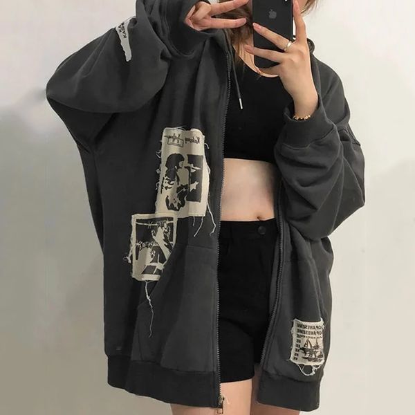 

winter women's street brown graffiti print zip vintage hoodie sweatshirts hoodi kawaii blouse grunge y2k coats ets, Black;brown