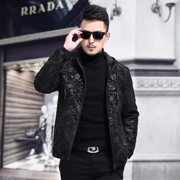 

men's leather & faux 2021 genuine jacket hooded 100% sheepskin coat mens print jackets chaqueta cuero hombre 1802 yy442, Black