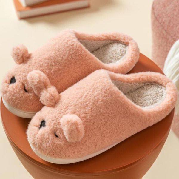 

winter indoor womens plush slippers cute animal bear bedroom flat couples fur shoes comfortable house ladies furry qq29, Black
