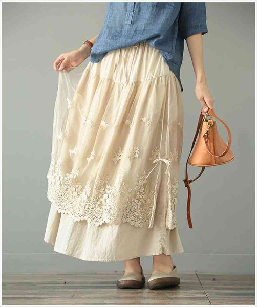 

female double gauze embroidery lace mori girl spring female skirts, Black