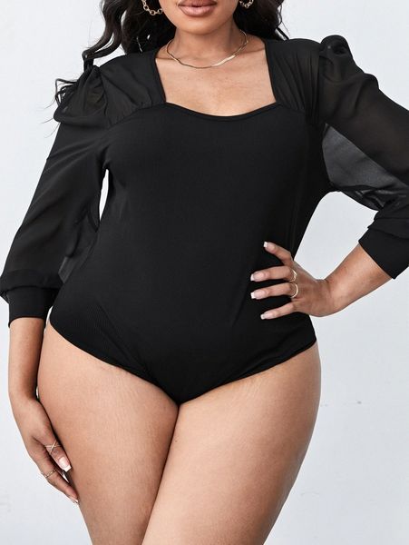 

sxy plus puff sleeve sweetheart neck bodysuit 87ar#, Black