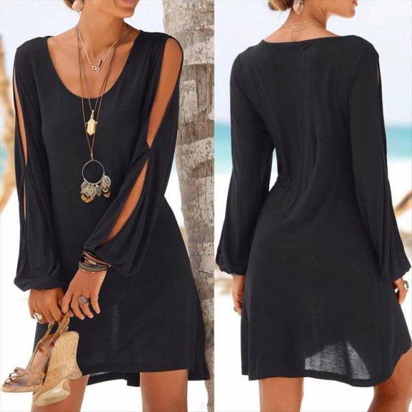 

fashion casual o neck womens dresses hollow out sleeve straight solid beach style mini, Black;gray